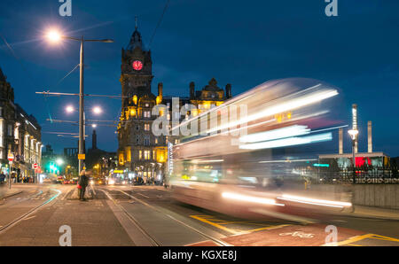 Night view of Princes Street in Edinburgh with traffic on long exposure in Scotland, United Kingdom. Stock Photo