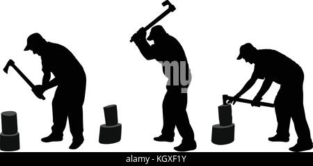 man chopping woods silhouettes - vector Stock Vector