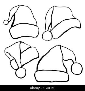 Set of monochrome doodle hats Santa Claus. Template Christmas hat for design, decorating cards and collages. Stock Vector