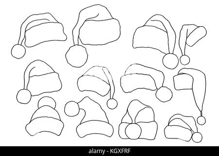 Set of monochrome doodle hats Santa Claus. Template Christmas hat for design, decorating cards and collages. Stock Vector