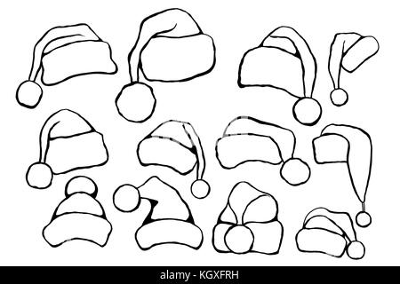 Set of monochrome doodle hats Santa Claus. Template Christmas hat for design, decorating cards and collages. Stock Vector