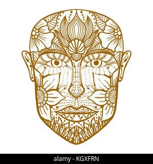 Monochrome man face of flowers. Coloring book page for adult. Vector artwork. Hand drawn amazing portrait. Love bohemia concept for wedding invitation Stock Vector