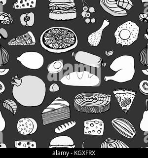 Seamless Monochrome vector hand drawn food cartoon background Stock Vector