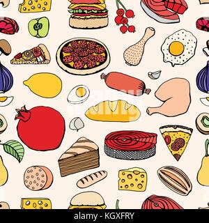 Seamless Colorful vector hand drawn food cartoon background Stock Vector