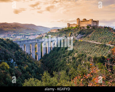 Scenic view of Albornoz medieval castle and Ponte delle Torri, Spoleto, Italy Stock Photo