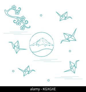 Branch of cherry blossoms, mount Fuji and origami paper cranes. Set of Japan traditional design elements. Stock Vector