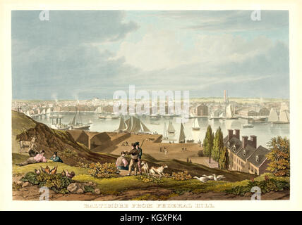 Old view of Baltimore from Federal Hill. By Bennet, publ. in New York ca. 1831 Stock Photo