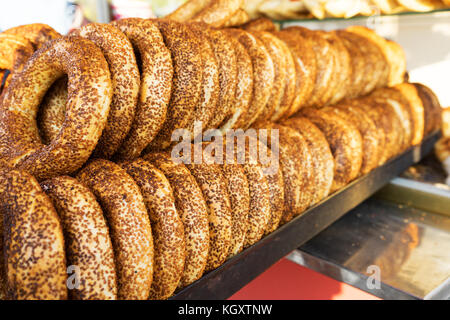 pretzel. Sesame bagels waiting to be sold Stock Photo