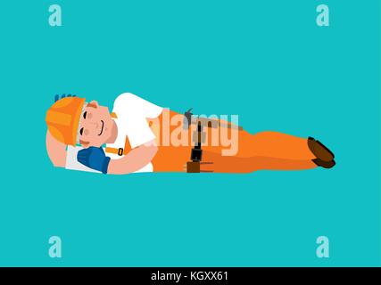 Builder sleeping isolated. Break in working time. Job Time out. Worker in protective helmet asleep. Vector illustration. Stock Vector