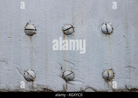 Close-up of six screws in a metal surface covered with grey, weathered paint. Stock Photo