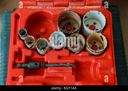 Top view of set of drills, of different gages arragned side by side on drill for wood set Stock Photo
