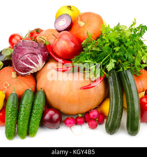 Large collection of useful vegetables and fruits isolated on white Stock Photo