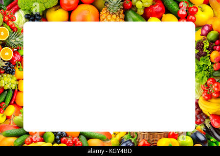 Frame of fresh fruits and vegetables. There is free space for your text. Stock Photo