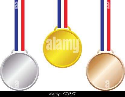 Vector Illustration Objects As Three Blank Medal, Gold, Silver, Bronze, With Blue, White, Red Stripes Ribbon Hanging On White Background For Sport Stock Vector