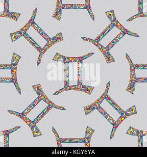 Gemini zodiac sign seamless pattern. Horoscope magic symbol background. Hand drawn astrological vector texture for wallpaper, wrapping, textile design Stock Vector
