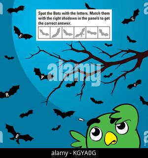 Funny halloween shadow matching kids puzzle with cute cartoon bird and bats Stock Vector