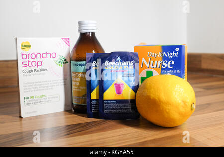 Collection of cough cold and flu medicines including Day Night Nurse , Beechams and Bronch Stop natural cough remedy Stock Photo