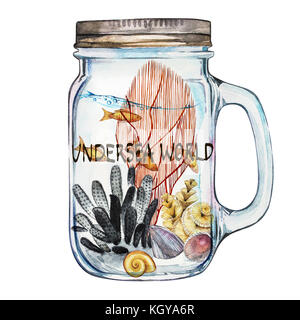 Word-Undersea world. Isoleted Tumbler with Marine Life Landscape - the ocean and the underwater world with different inhabitants. Aquarium concept for posters, T-shirts, labels, websites, postcards. Stock Photo