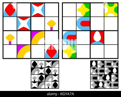 Sudoku game for children with geometric pictures. Kids activity sheet. Training logic, educational game Stock Vector