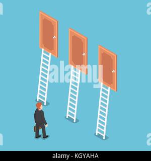 Flat 3d isometric businessman standing in front of three doors. Business choice and decision concept. Stock Vector