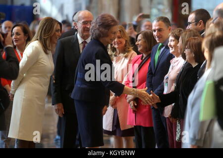 November 10, 2017 - 10 November (Malaga) Queen Sofia has opened this Friday the VII National Congress of Alzheimer, which is held at the Palace of Congresses and Fairs of Malaga with the assistance of family members, professionals and some patients. DoÃ±a SofÃa was accompanied at the opening ceremony by the president of the Junta de AndalucÃa, Susana DÃaz; the mayor of MÃ¡laga, Francisco de la Torre; the Secretary of State for Social Services and Equality, Mario GarcÃ©s, and the president of the Spanish Confederation of Alzheimer's (CEAFA), Cheles Cantabrana, organizing entity of the congre Stock Photo