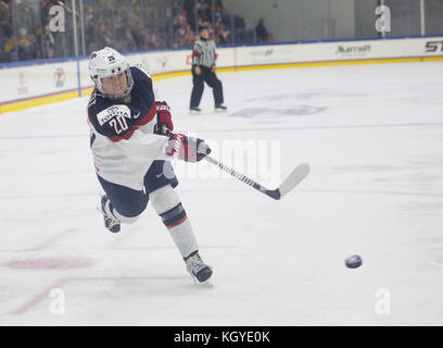 Florida, USA. 10th Nov, 2017. LOREN ELLIOTT | Times .The United States' Hannah Brandt shoots and misses during the first period of a Four Nations Cup hockey game between the U.S. Women's National Team and Sweden at Florida Hospital Center Ice in Wesley Chapel, Fla., on Friday, Nov. 10, 2017. Credit: Loren Elliott/Tampa Bay Times/ZUMA Wire/Alamy Live News Stock Photo