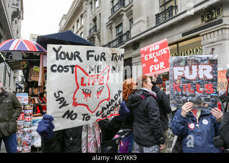 London, UK. 11th Nov, 2017. Anti fur protesters demonstrate outside the Canada Goose Store in Regents Street. Credit: Penelope Barritt/Alamy Live News Stock Photo