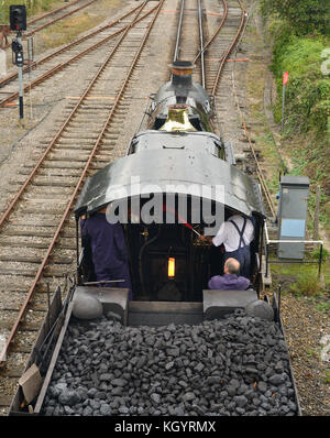 Overhead view into the cab of GWR No 7827 Lydham Manor, approaching Paignton station on the Dartmouth Steam Railway. Stock Photo