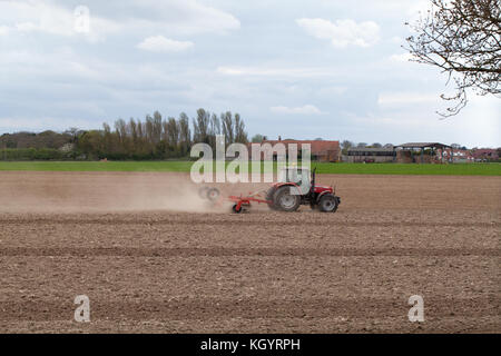 Top soil in dry weather, being disturbed by wind as a tractor drawn disc harrow works its way to and fro across an arable field. ingham. Norfolk. UK.