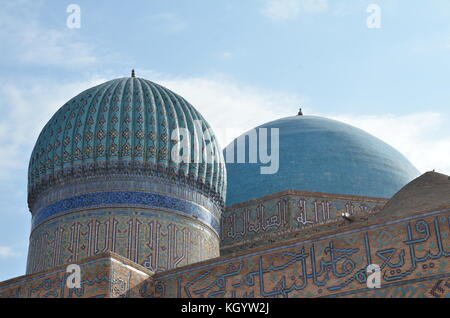 Blue tiled dome in Turkestan; is an ancient city in Kazakhstan with archelogic record dating back to the 4th century. Many mausoleums. Stock Photo