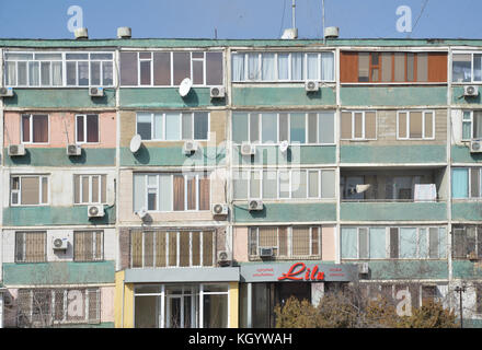 colorful apartment building from soviet-era in Aktau Kazakhstan next to the Caspian sea. Krushchyovka building. Stock Photo