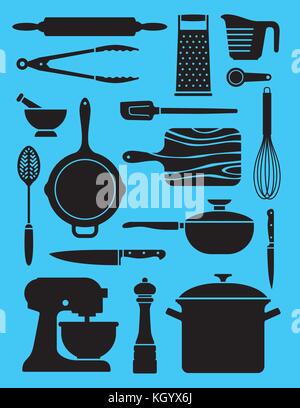 Set of 17 kitchenware illustrations. Collage or pattern of simplified silhouette vector designs showing a variety of kitchen or chef tools. Stock Vector