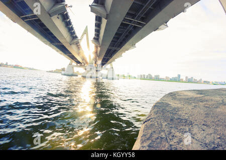 view under the big bridge. fisheye lens Stock Photo