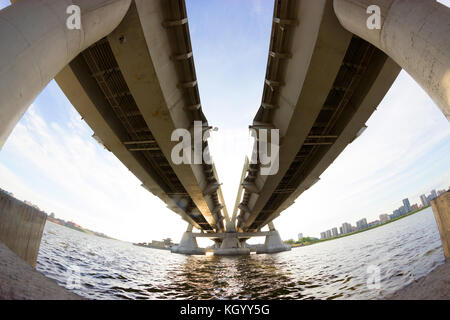 view under the big bridge. fisheye lens Stock Photo