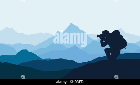 panoramic view of a mountain landscape with mist in a valley with a touring photographer under a blue sky - vector Stock Vector