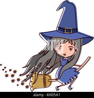 cute witch flying with broom colorful and trace of stars in watercolor silhouette Stock Vector