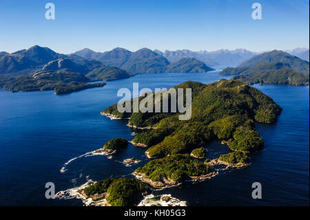 Aerial of a huge fjord in Fjordlands, South Island, New Zealand Stock Photo