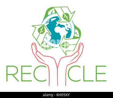 banner about recycle as a sign recycling arrows symbol with Earth globe inside and hands for the symbol of environmental protection. Recycle icon  in  Stock Vector