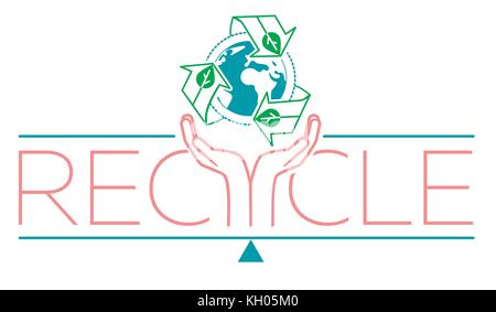 banner about recycle as a sign recycling arrows symbol with Earth globe inside and hands for the symbol of environmental protection. Recycle icon  in  Stock Vector