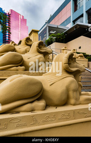 Mythical ancient Egyptian ram head lion sphinx statues at a museum in Hong Kong Stock Photo