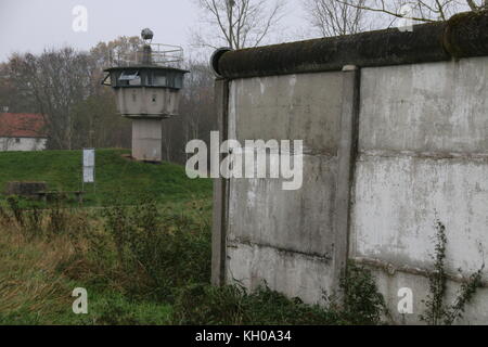 Hötensleben, Germany - November 9, 2017:  An old watchtower of the GDR border guards at the Border Memorial Hötensleben. In Germany the wall fell on 9 Stock Photo