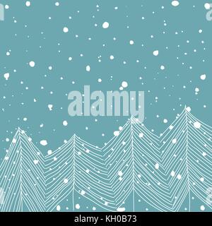 Hand Drawn Doodle White Fir Trees in Forest Snowfall Baby Blue Background. Abstract. New Year Christmas Greeting Card Poster Banner Editable. Stock Vector