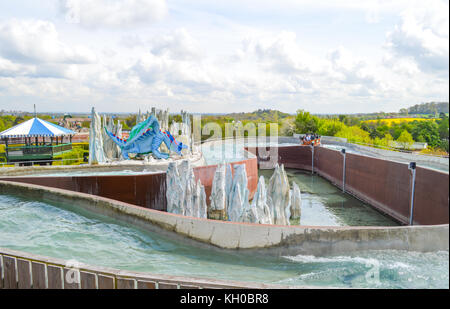 WINDSOR, BERKSHIRE. ENGLAND UK- APRIL 20 2016 : Legoland resort. People enjoying one of the many rides at Legoland Theme park.Family fun on holidays. Stock Photo