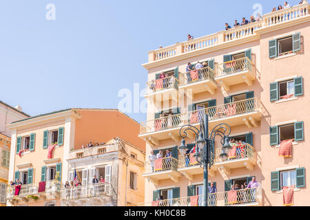 Corfu, Greece - April 15, 2017: Every Holly Saturday at 11 a.m. people in the old town of Corfu start gathering to spectate the pot throwing event tha Stock Photo