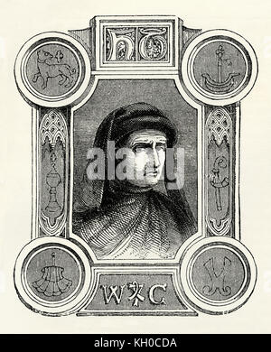 An old engraving of William Caxton (c.1422–1491) - Caxton is credited as first person to introduce a printing press into England (in 1476) and was the first English seller of printed books. This engraving shows Caxton surrounded by printer's marks. A printer's mark is a symbol used as a trademark by early printers Stock Photo