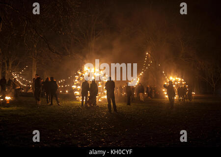 St Colomb’s Park is transformed into a magical fiery landscape with the open fire installation ‘Fire Garden’, which is made by Campagnie Carabosse from France. UK 29/11/2013. Stock Photo