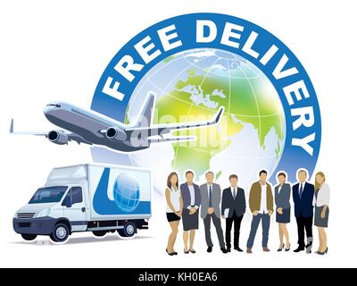 Successful businesspeople are standing in front of delivery truck, commercial airplane and world globe. Stock Vector