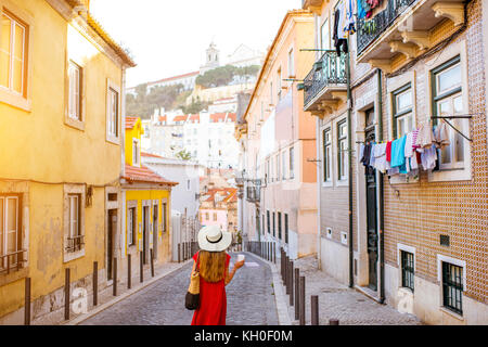 Woman traveling in Lisbon, Portugal Stock Photo