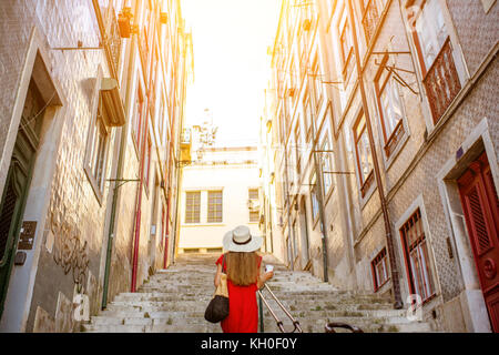 Woman traveling in Lisbon, Portugal Stock Photo