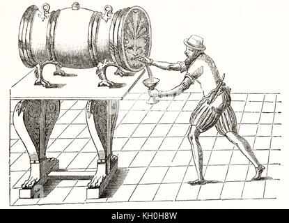 Old illustration depicting man drawing off alcoholic beverage from cask. By unidentified author, publ. on Magasin Pittoresque, Paris, 1847 Stock Photo